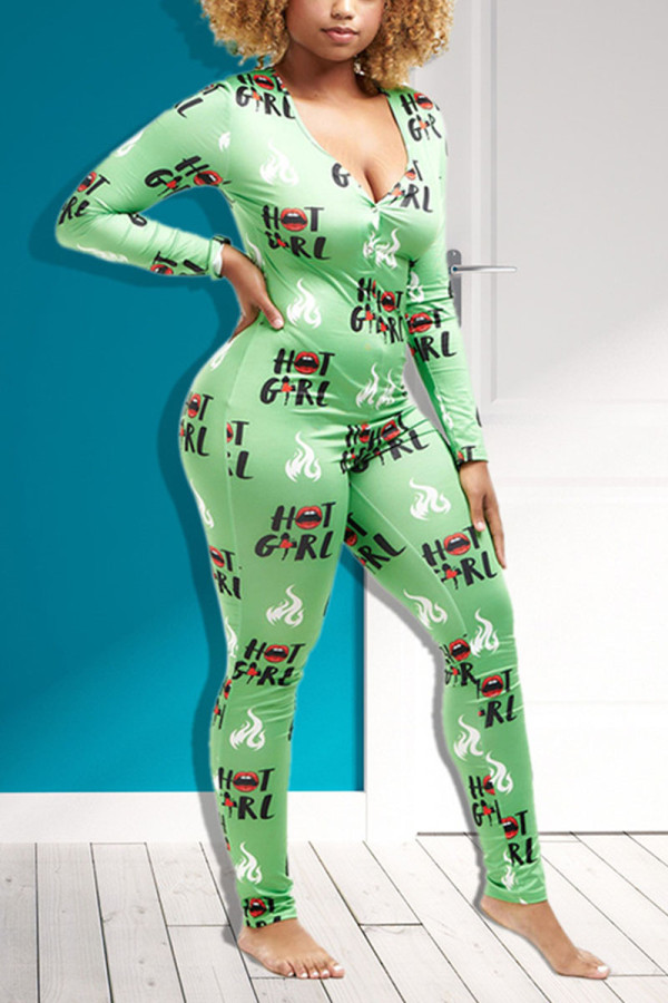 Groene regular jumpsuits met V-hals en zoete print