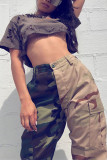 Army Green Mode Casual Camouflage Print High Waist Patchwork Byxor