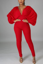 Macacão skinny casual fashion vermelho sólido sem cinto decote em v