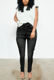 Black Fashion Casual Solid Patchwork Mid Waist Regular Denim Jeans