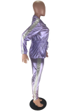 Purple Solid Bandage Turndown Collar Long Sleeve Two Pieces