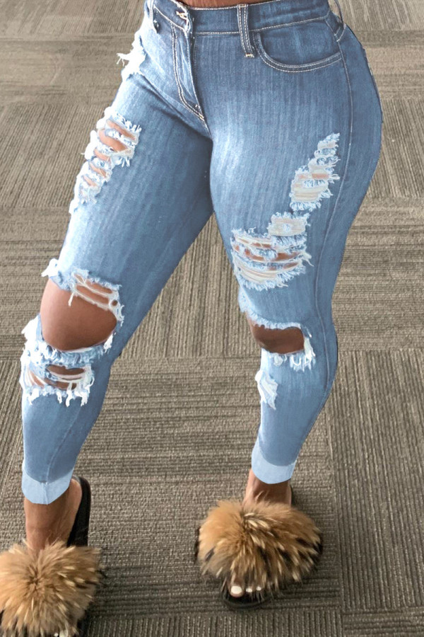 Babyblå Mode Casual Solid Ripped Mid Waist Vanliga jeans