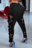 Black Fashion Casual Solid Patchwork Mid Waist Regular Denim Jeans