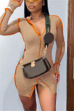 Orangefarbenes, modisches, sexy, solides Patchwork-Kleid mit Schlitz und V-Ausschnitt und langen Ärmeln