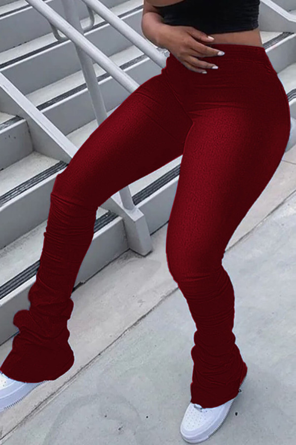 Pantalones de cintura media regulares básicos sólidos informales de moda rojo vino