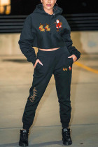 ブラックファッションカジュアルサンタクロースベーシックフード付きカラー長袖ツーピース