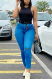 Calça jeans skinny azul média moda casual sólida rasgada cintura alta