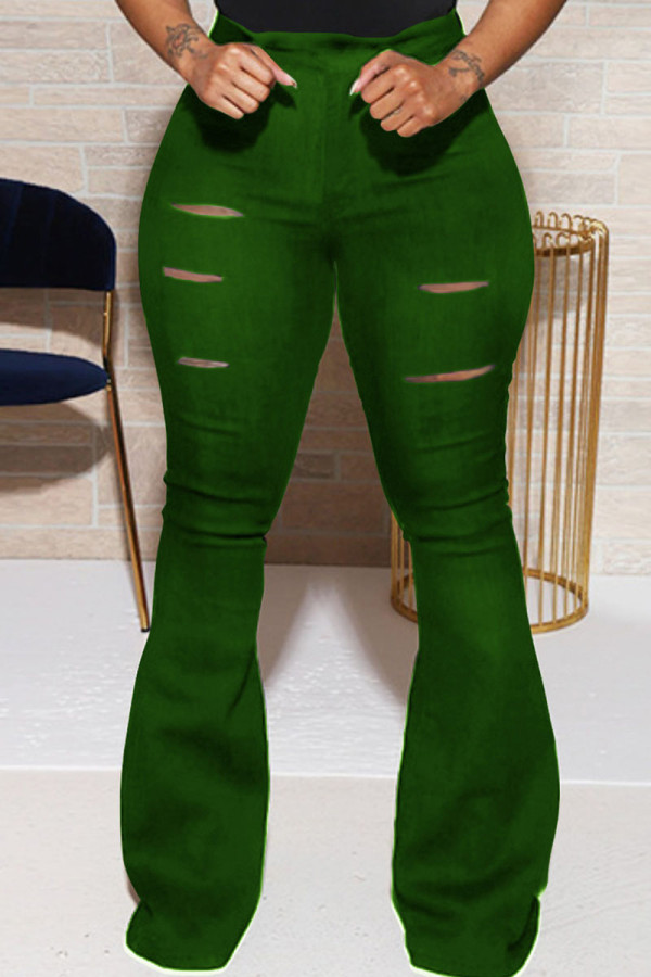 Pantalones de altavoz de cintura alta con botones sólidos de calle verde militar