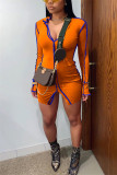 Abito a maniche lunghe con scollo a V con spacco solido patchwork sexy arancione moda