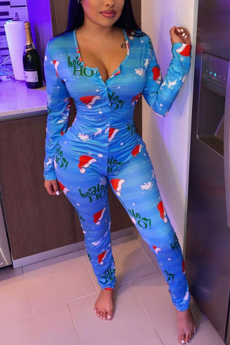 Blue Sexy Santa Hats Printed Patchwork O Neck Jumpsuits