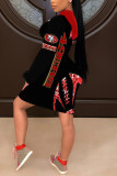 マルチカラーファッションセクシーレタープリントベーシックフード付きカラー長袖ドレス