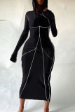 ブラック カジュアル ソリッド フード付き カラー ペンシル スカート ドレス
