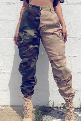 Pantaloni patchwork a vita alta con stampa mimetica casual verde militare