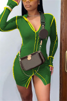 Groene mode sexy effen patchwork split V-hals lange mouw jurk