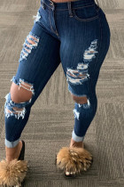 Dark Blue Fashion Casual Solid Mid Waist Regular Distressed Ripped Jeans