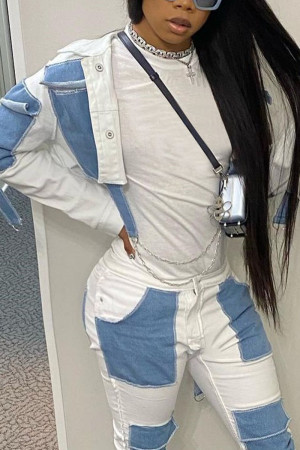 White Street Patchwork Turndown Collar Long Sleeve Loose Cropped Denim Jackets(Without Pants )