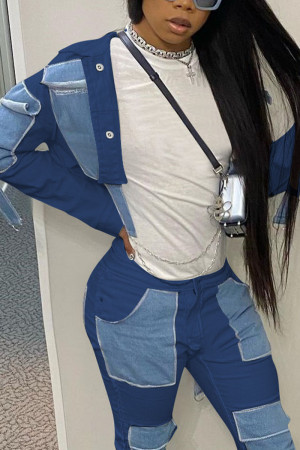 Dark Blue Street Patchwork Turndown Collar Long Sleeve Loose Cropped Denim Jackets(Without Pants )
