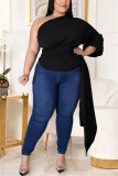 Zwarte Mode Sexy Effen Asymmetrische Schuine Kraag Plus Size Tops