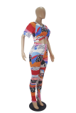 Multicolor Casual Print Patchwork O Neck Short Sleeve Two Pieces
