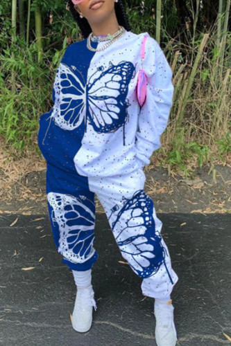 Blue Casual Butterfly Print Patchwork O Neck Long Sleeve Two Pieces