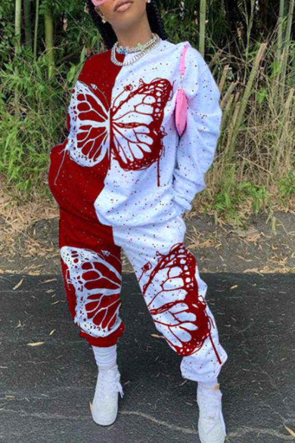 Rood casual patchwork met vlinderprint O-hals, twee stukken met lange mouwen