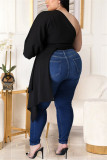 Zwarte Mode Sexy Effen Asymmetrische Schuine Kraag Plus Size Tops