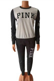 Black Street Print Patchwork O Neck Long Sleeve Two Pieces