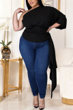 Blauwe Mode Sexy Effen Asymmetrische Schuine Kraag Plus Size Tops