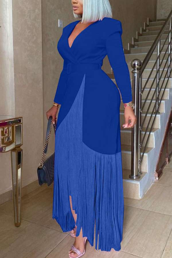 ブルー ファッション カジュアル ソリッド タッセル パッチワーク ベルト V ネック ロング スリーブ ドレス