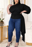 Colletto obliquo asimmetrico solido sexy nero di moda Plus Size Top