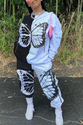 Black Casual Butterfly Print Patchwork O Neck Long Sleeve Two Pieces