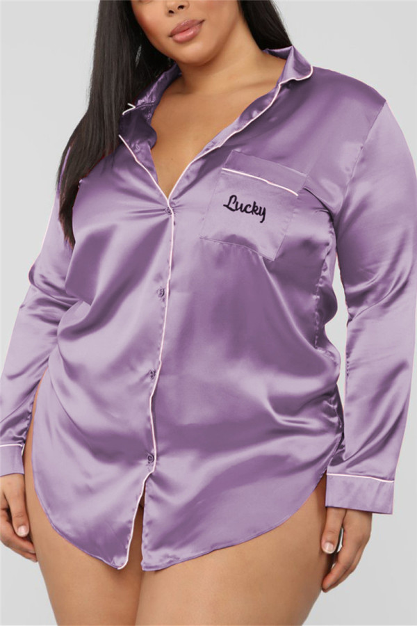 Фиолетовая модная сексуальная однотонная ночная рубашка с длинным рукавом с лацканами