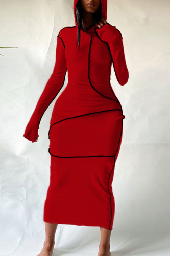 Красные повседневные однотонные лоскутные платья с капюшоном и воротником с запахом