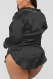 Camisón de manga larga con solapa sólida sexy de moda negra