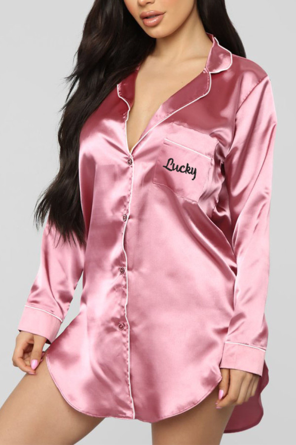 Платье-рубашка с воротником-рубашкой Pink Living Solid Платья-рубашки с вышивкой Платья