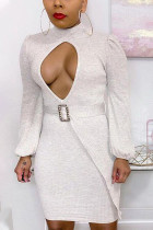 クリーム ホワイト セクシー ソリッド マンダリン カラー ラップ スカート ドレス