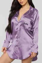 Purple Living Solid Embroidered Shirt Collar Shirt Dress Dresses