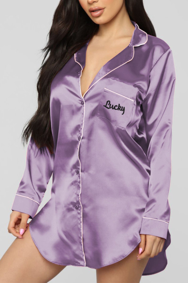 Robe chemise à col chemise brodée unie violet vivant Robes