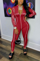 Red Fashion Casual Letter Print Patchwork Zipper Collar Skinny Jumpsuits
