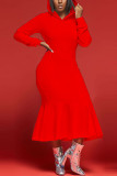ローズレッドファッションカジュアルソリッドベーシックフード付きカラー長袖ドレスドレス