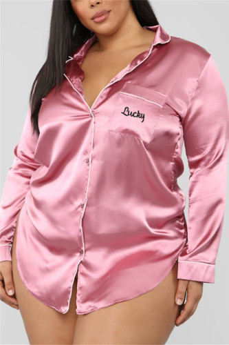 Camicia da notte a maniche lunghe con risvolto solido sexy rosa moda