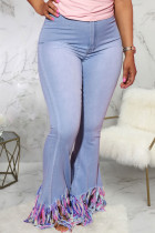 Baby Blue Sexy Solid Mid Waist Regular Flare Leg Tassel Denim Jeans