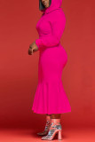 ローズレッドファッションカジュアルソリッドベーシックフード付きカラー長袖ドレスドレス