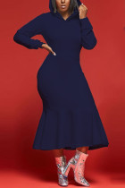チベットブルーファッションカジュアルソリッドベーシックフード付きカラー長袖ドレスドレス