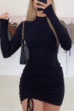 Black Celebrities Solid Frenulum Turtleneck Pencil Skirt Dresses