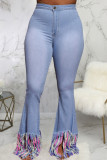 Dark Blue Sexy Solid Mid Waist Regular Flare Leg Tassel Denim Jeans