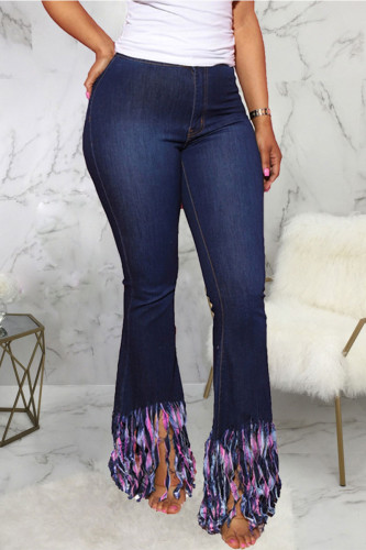 Jeans regular azul escuro sexy com borla sólida cintura média