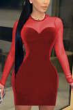 Vestidos de falda envueltos con cuello en O de patchwork liso sexy rojo