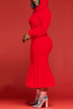 Красное модное повседневное однотонное базовое платье с капюшоном и воротником с длинным рукавом Платья