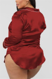 Camicia da notte a maniche lunghe con risvolto solido sexy rosso vino